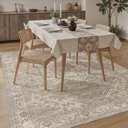 DCX Machine Washable Brown and Beige Area Rug 8x10, Non Slip Stain Resistant Vintage Floral Rug for