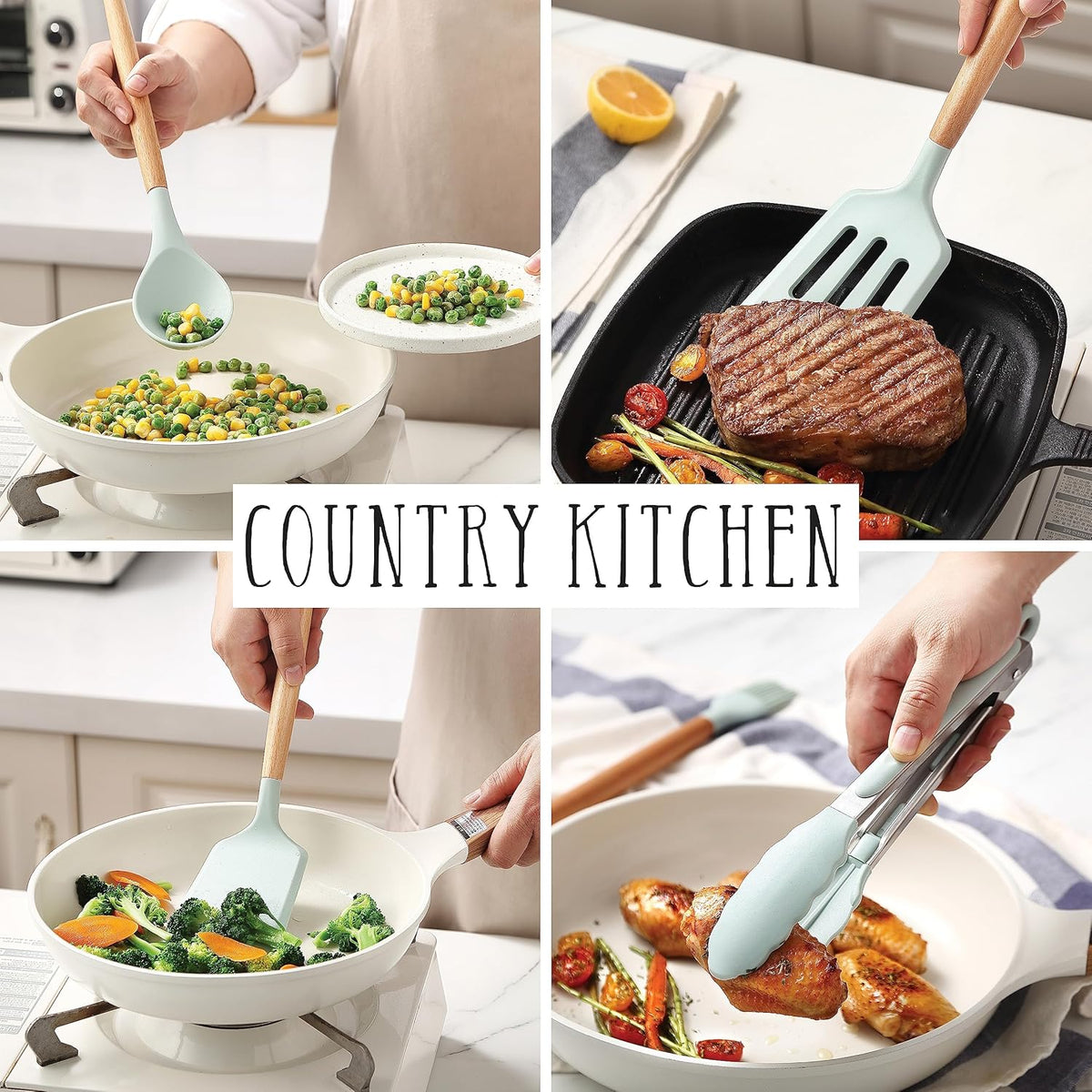 Country Kitchen Non Stick Silicone Utensil Set with Rounded Wood Handles for Cooking and Baking, 14