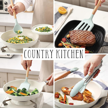 Country Kitchen Non Stick Silicone Utensil Set with Rounded Wood Handles for Cooking and Baking, 14