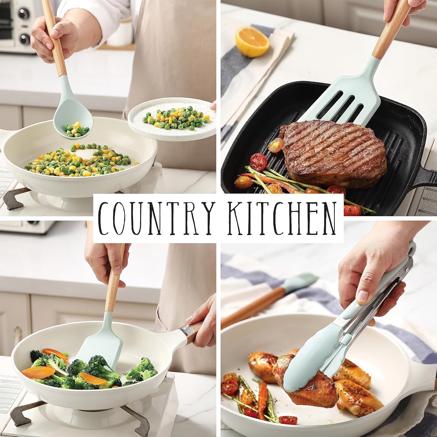 Country Kitchen Non Stick Silicone Utensil Set with Rounded Wood Handles for Cooking and Baking, 38