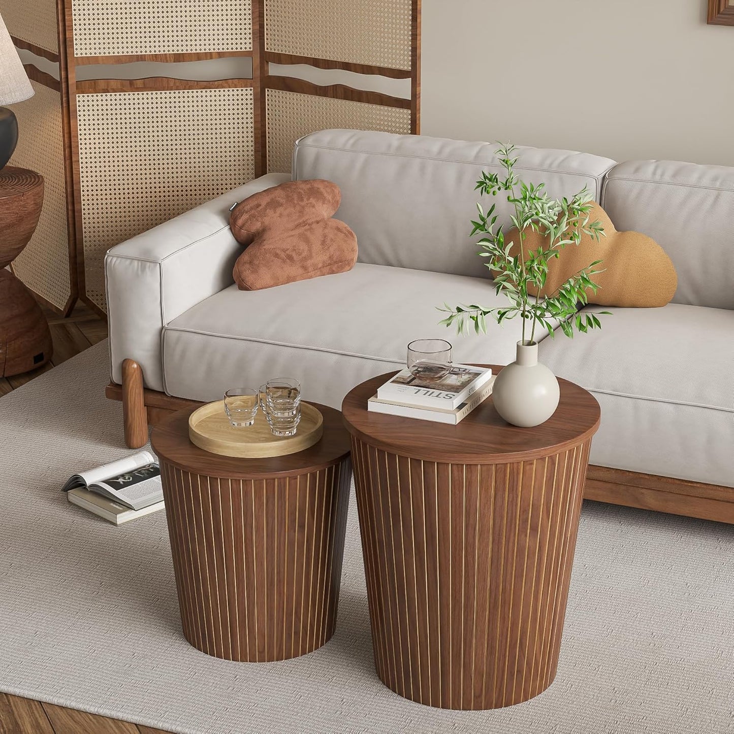 Nesting Coffee Table Set of 2, Round End Table with Storage, Farmhouse Side Table with Removable