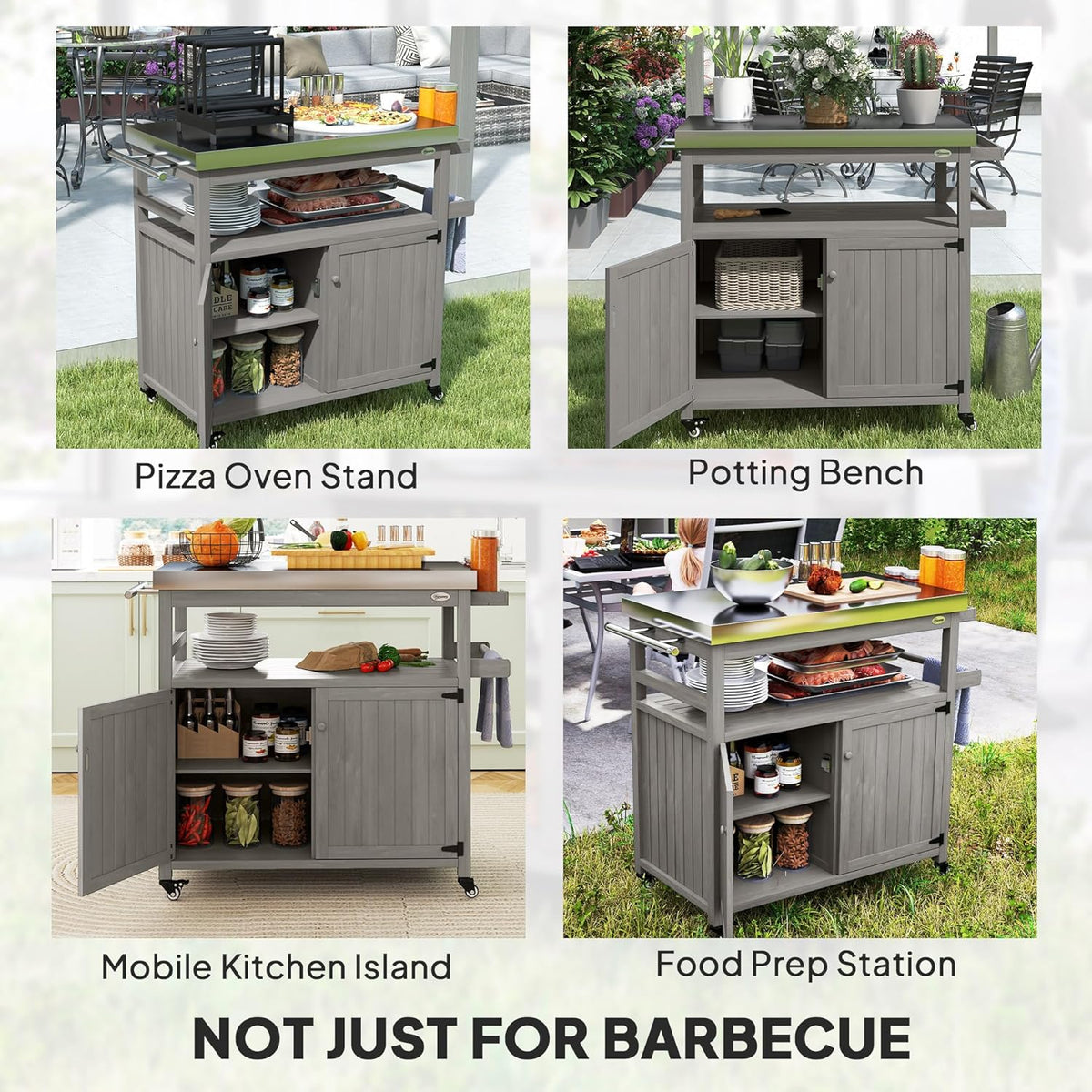 Outsunny Outdoor Grill Cart with Wheels and Storage, Solid Wood Outdoor Kitchen Island with