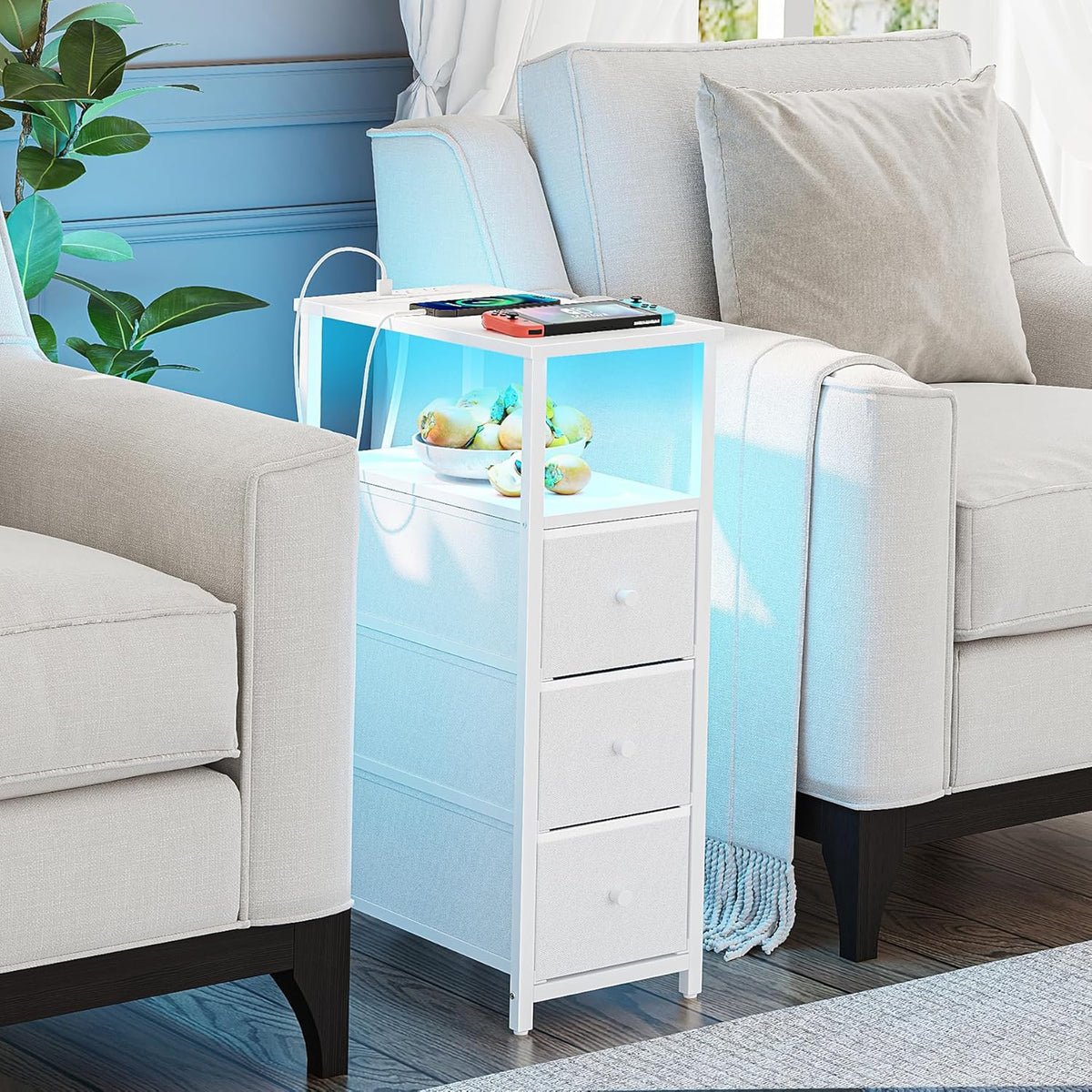TUTOTAK Narrow LED Night Stand with Charging Station, Slim End Table with Plugins, Tall Side Table
