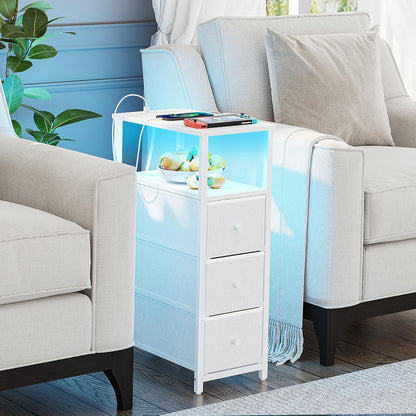 TUTOTAK Narrow LED Night Stand with Charging Station, Slim End Table with Plugins, Tall Side Table