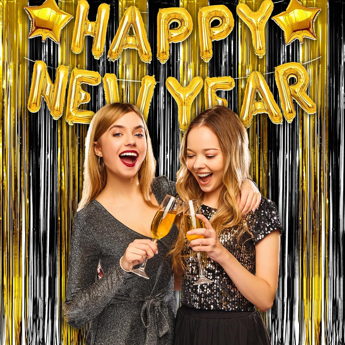 Black and Gold Party Streamers Decoration - GREATRIL Foil Fringe Backdrop for 2025