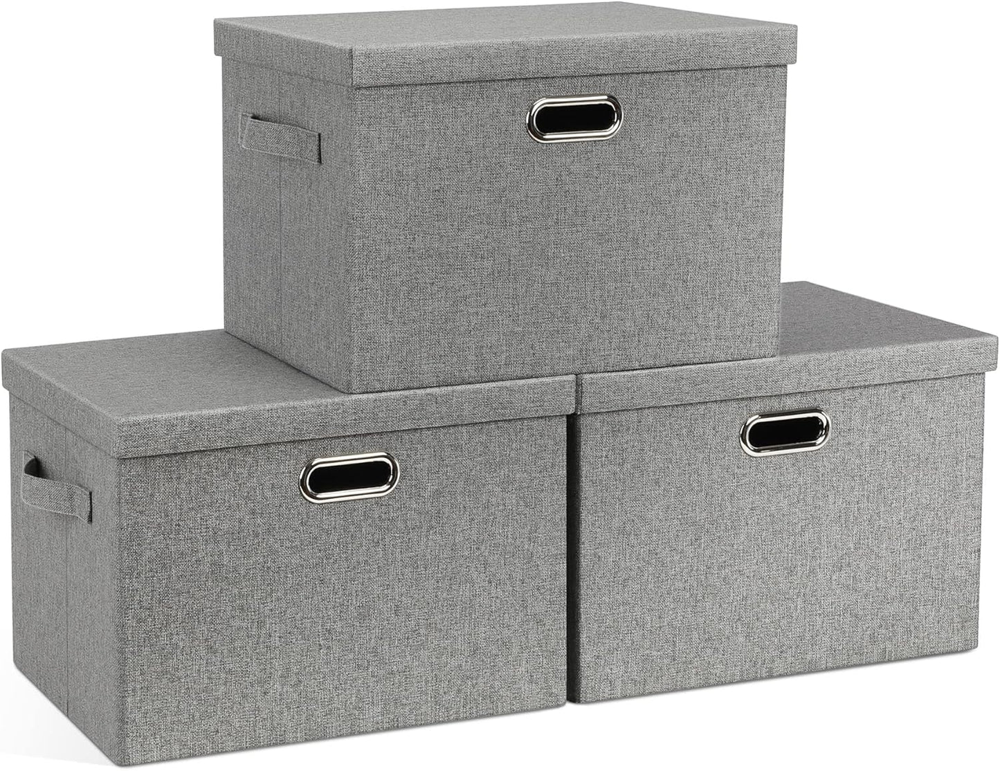 Large 17" 36 Quart Collapsible Stackable Storage Bins with Lids, 3 Packs Grey Linen Fabric Closet