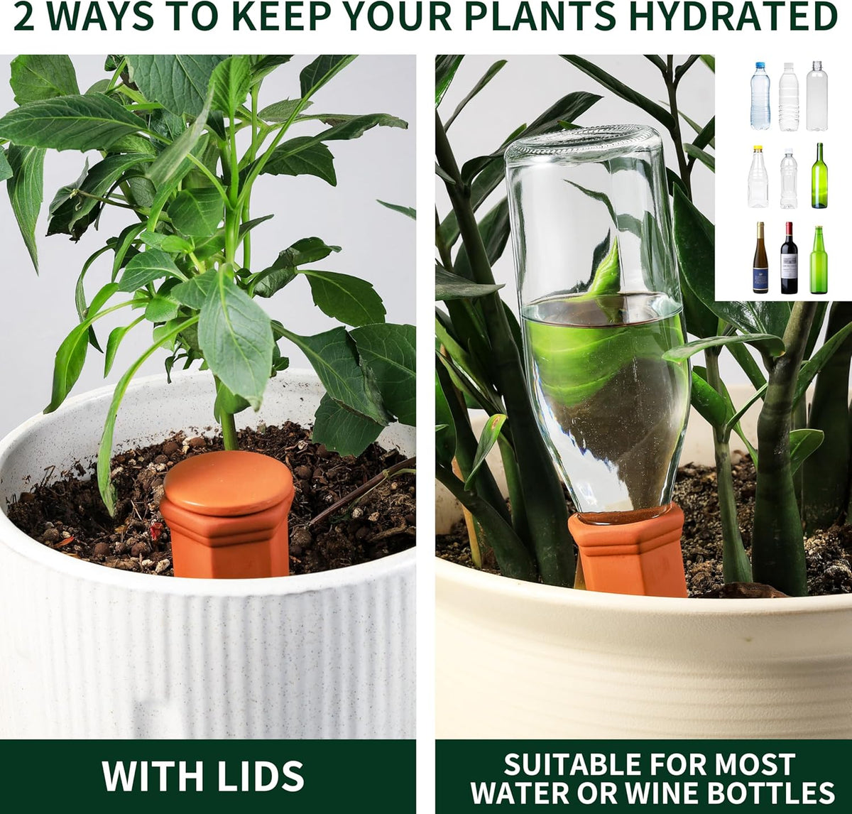 Large Terracotta Watering Spikes with Lids, Automatic Plant Waterer Outdoor | Indoor, Vacation