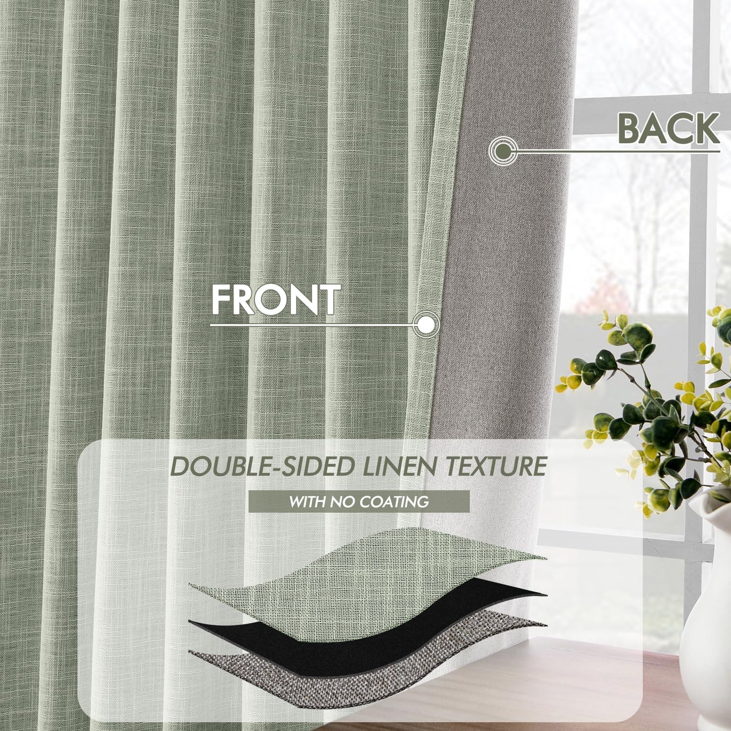 MIULEE Sage Green 100% Blackout Linen Curtains 108 Inch 2 Panels Set Double Sided No Coating