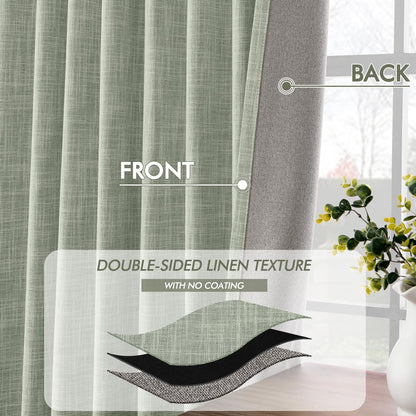 MIULEE Sage Green 100% Blackout Linen Curtains 108 Inch 2 Panels Set Double Sided No Coating