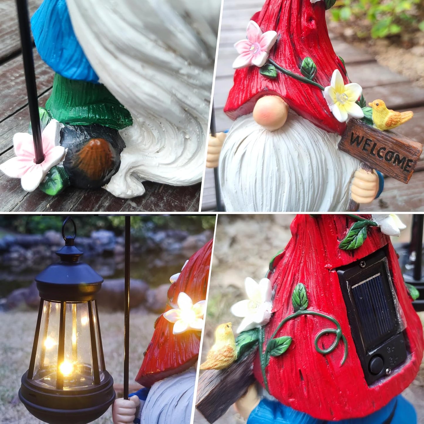 Solar Garden Gnomes Statue with Succulent and 4 LED Lights - Solar Lantern Gnomes Decorations for