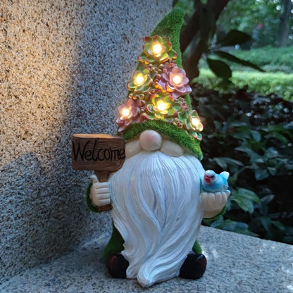 Solar Gnomes Garden Statues,Resin Gnome Figurine Holding Welcome Card and Bird with Solar Lights