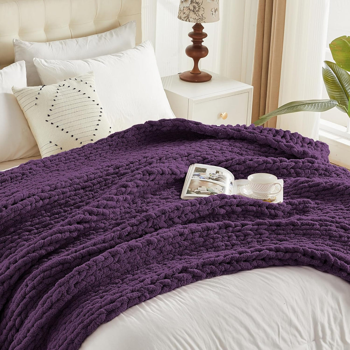 Carriediosa Chunky Knit Throw Blanket 60" X 80" Twin, 100% Hand Made Large Chenille Loop Yarn Soft