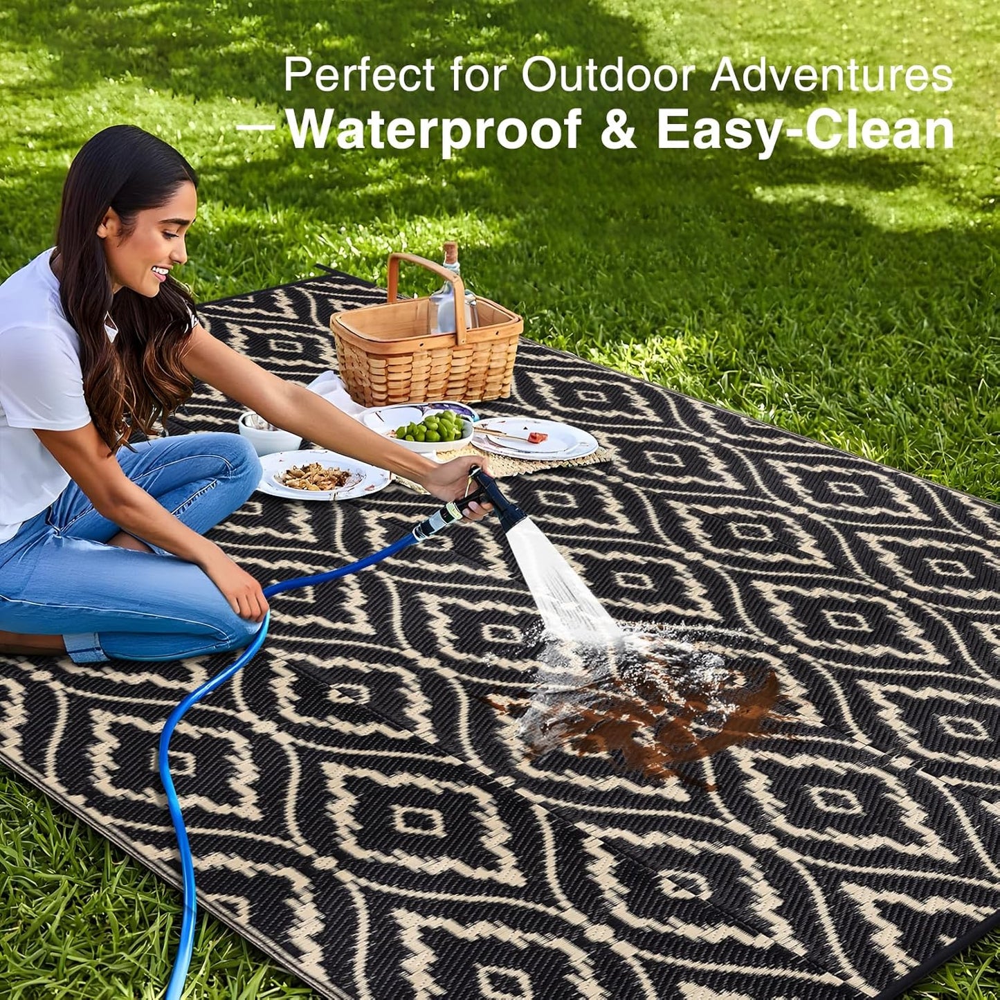 OLANLY Outdoor Rug 8x10 ft Waterproof, Outdoor Plastic Straw Rug with Geometric Pattern Clearance