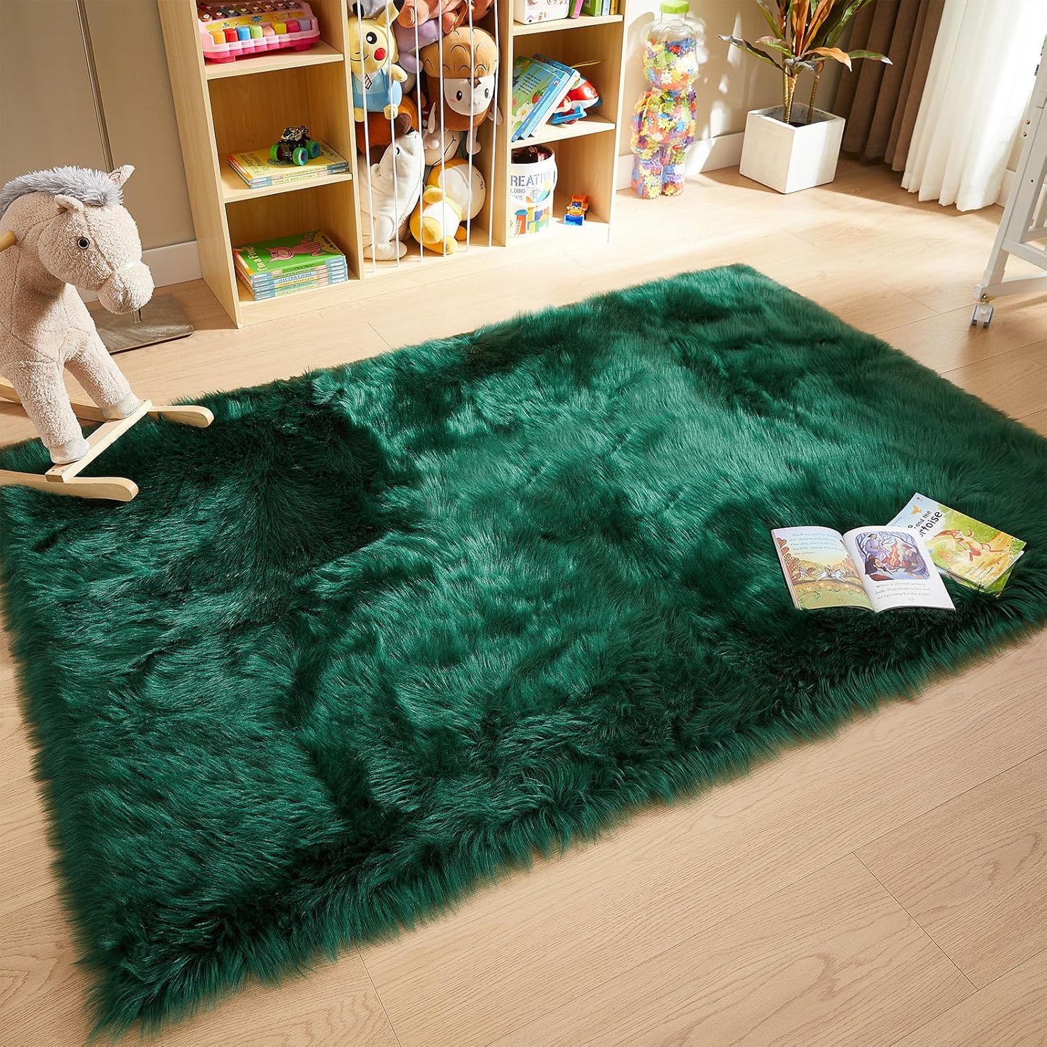 AMTOVO Faux Fur Sheepskin Rug for Living Room, 4 x 6 ft Dark Green Fluffy Area Rug for Bedroom