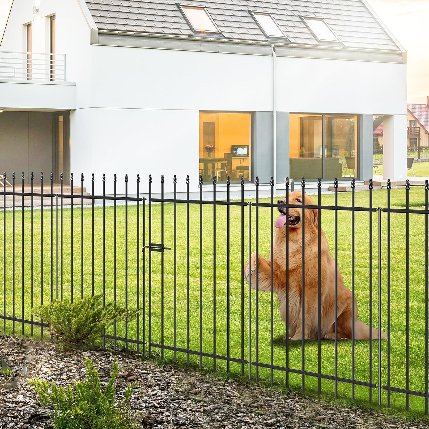 Metal Garden Fence with Gate 42 in H x 11.5 ft L, 1 Gate + 4 Panels Border Fence Panels Animal