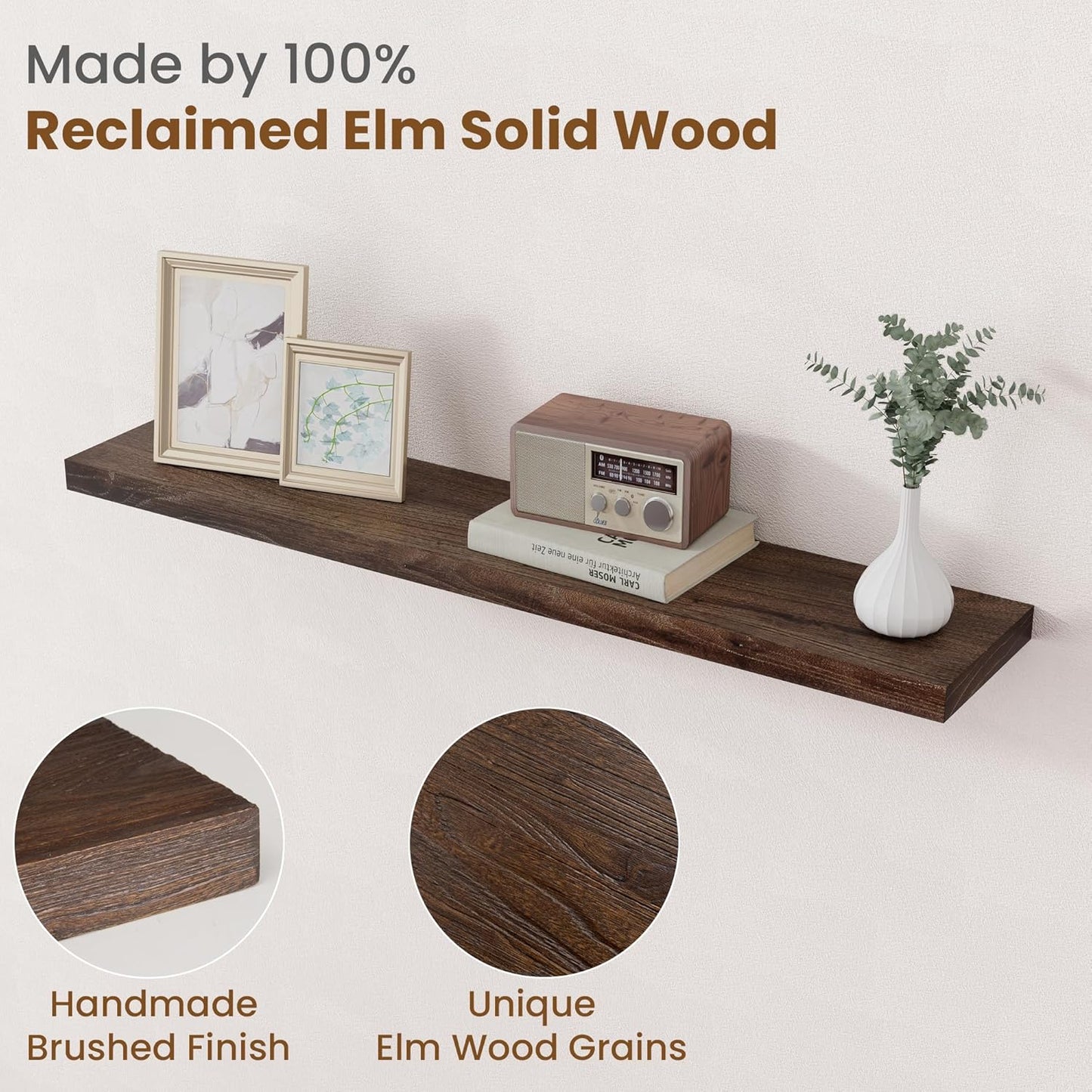 Floating Shelves for Wall Decor, 8 Inch Deep Rustic Solid Elm Wood Floating Shelves Wall Mounted