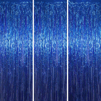3 Pack 3.3x8.2 Feet Blue Foil Fringe Backdrop Curtains, Tinsel Streamers Birthday Party