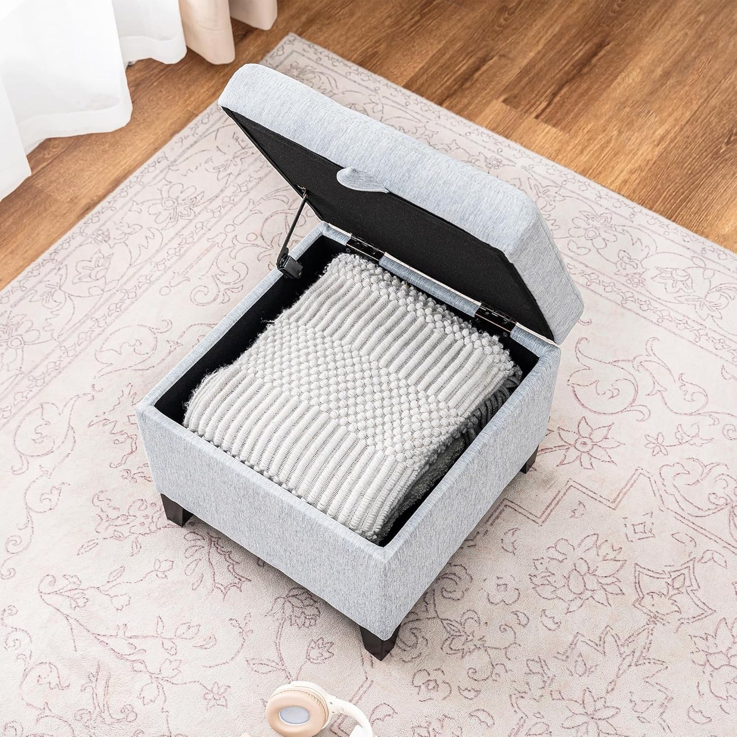 Adeco 18 Inch High Cube Ottoman Storage, Linen Chair Foot Stools, Upholstered Vanity Stool with