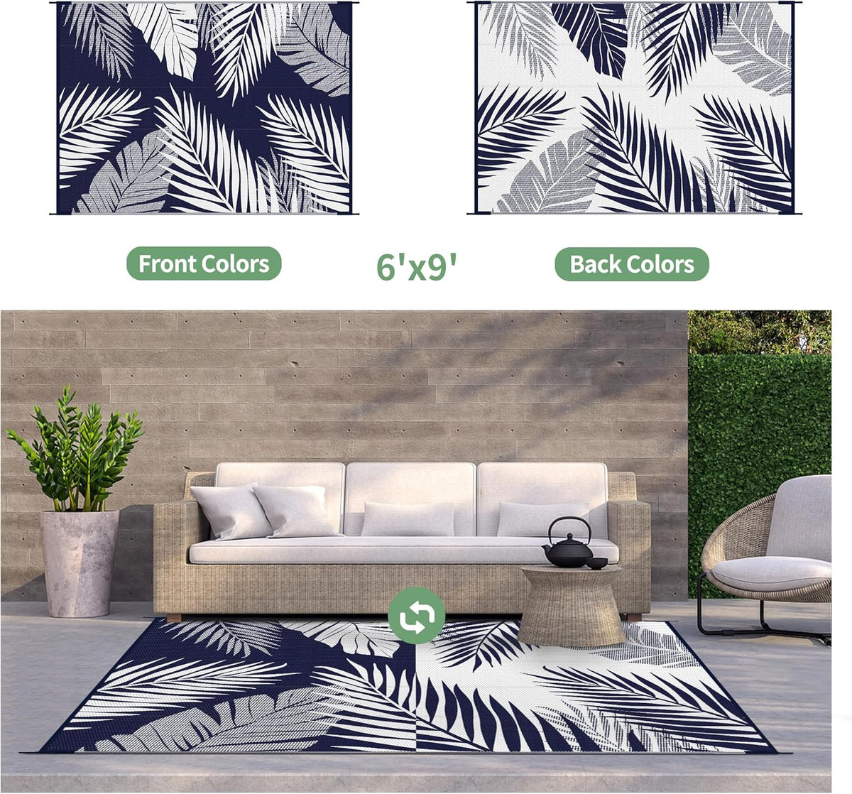 GENIMO Outdoor Rug 6' x 9' Waterproof for Patios Clearance, Reversible Outdoor Plastic Straw
