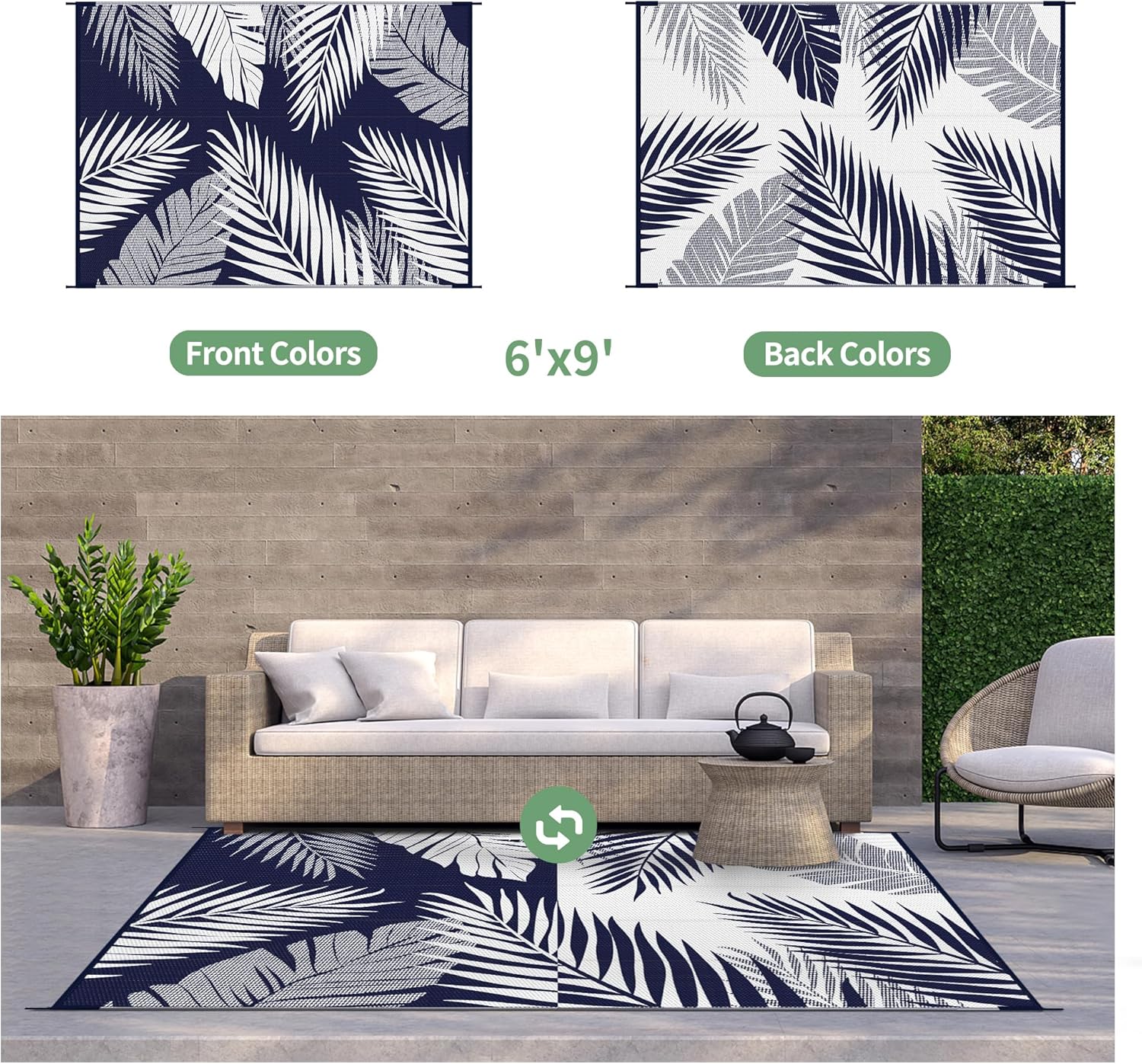 GENIMO Outdoor Rug 6' x 9' Waterproof for Patios Clearance, Reversible Outdoor Plastic Straw