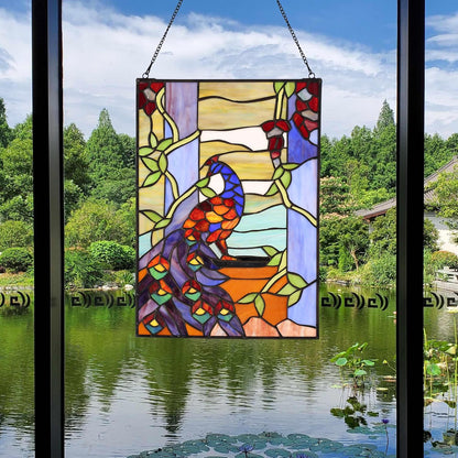 YOURANJU Stained Glass Window Hanging 16" H x 11" W Tiffany Style Rectangular Window Panel Suitable