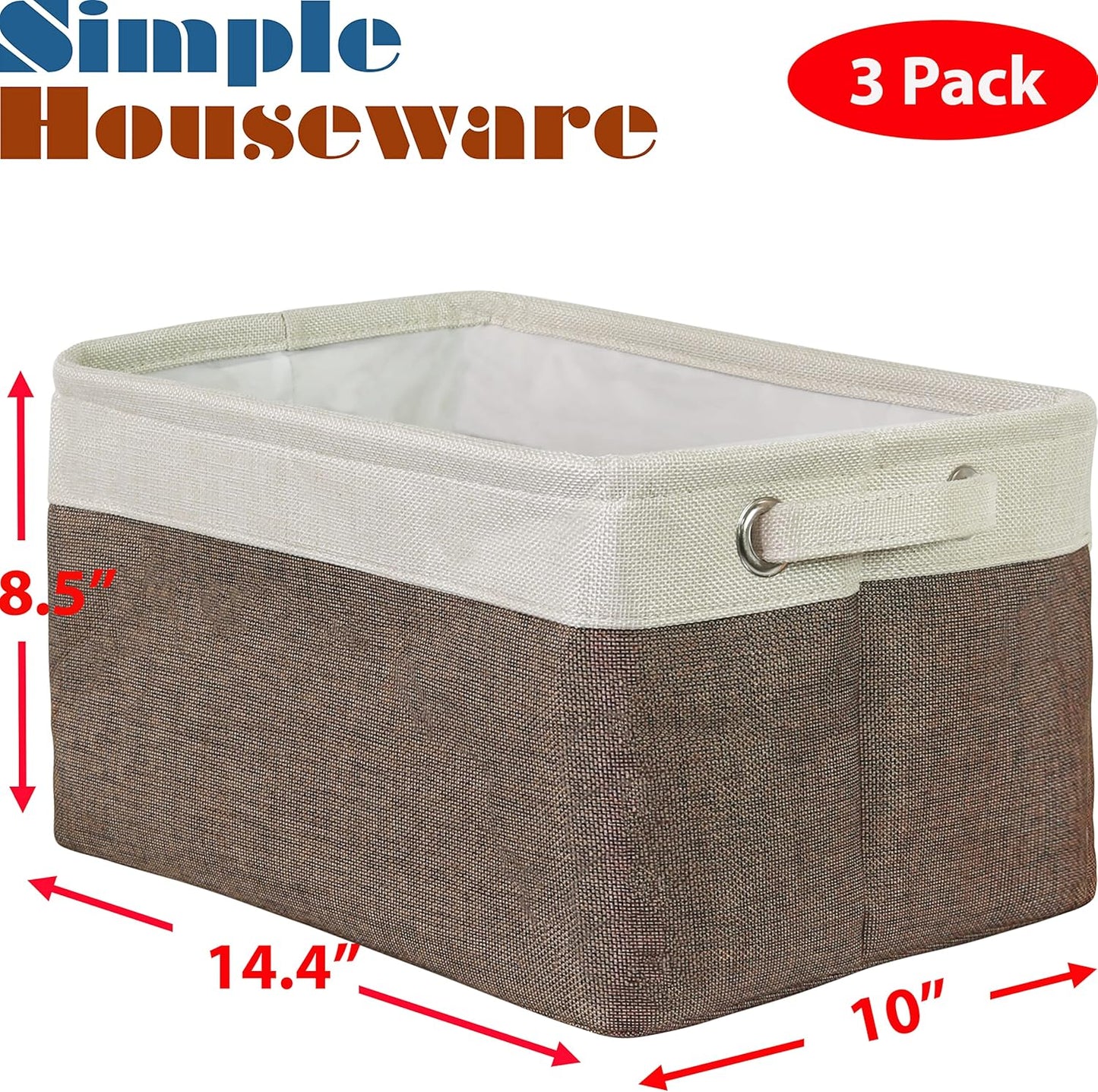 SIMPLE HOUSEWARE Large Fabric Storage Bin, 14.4" x 10" with Handles, 3-Pack, Foldable Organizer for