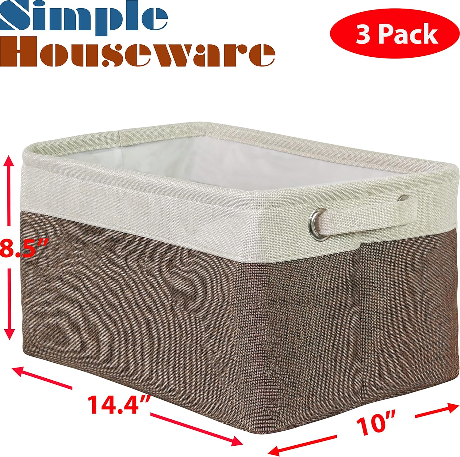 SIMPLE HOUSEWARE Large Fabric Storage Bin, 14.4" x 10" with Handles, 3-Pack, Foldable Organizer for