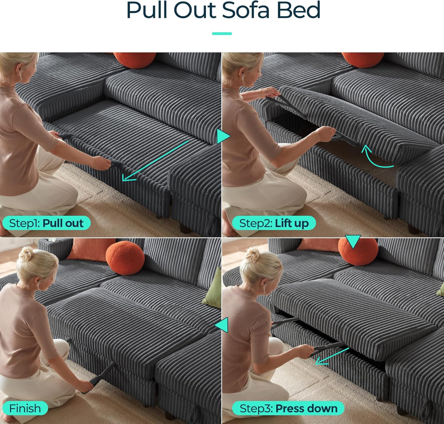 LINSY HOME Sectional Sleeper Sofa with Pull Out Couch Bed - Convertible Plush Corduroy Cloud Couch
