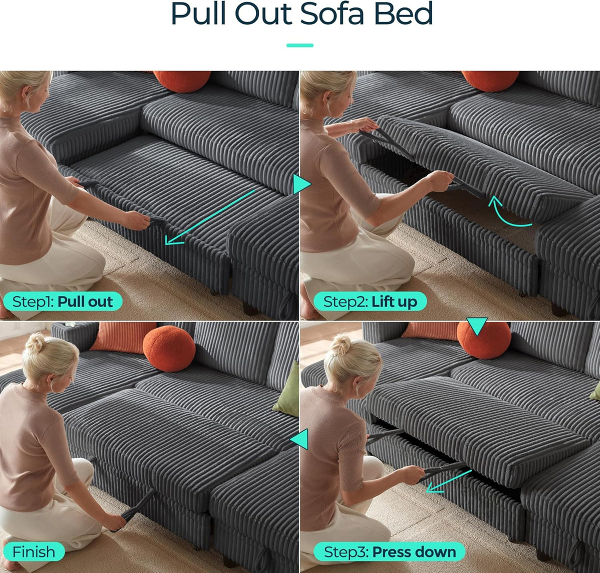 LINSY HOME Sectional Sleeper Sofa with Pull Out Couch Bed - Convertible Plush Corduroy Cloud Couch