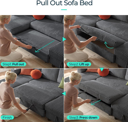 LINSY HOME Sectional Sleeper Sofa with Pull Out Couch Bed - Convertible Plush Corduroy Cloud Couch