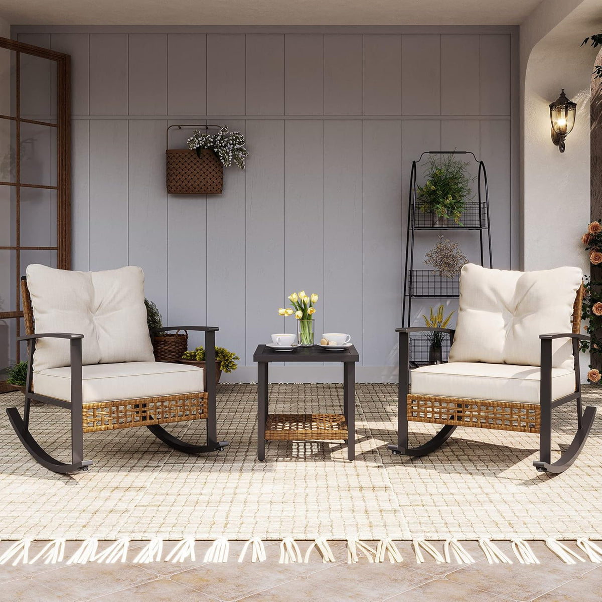 LAUSAINT HOME 3-Piece Rocking Bistro Set, Outdoor Patio Furniture with Thick Cushions and 2-Tier