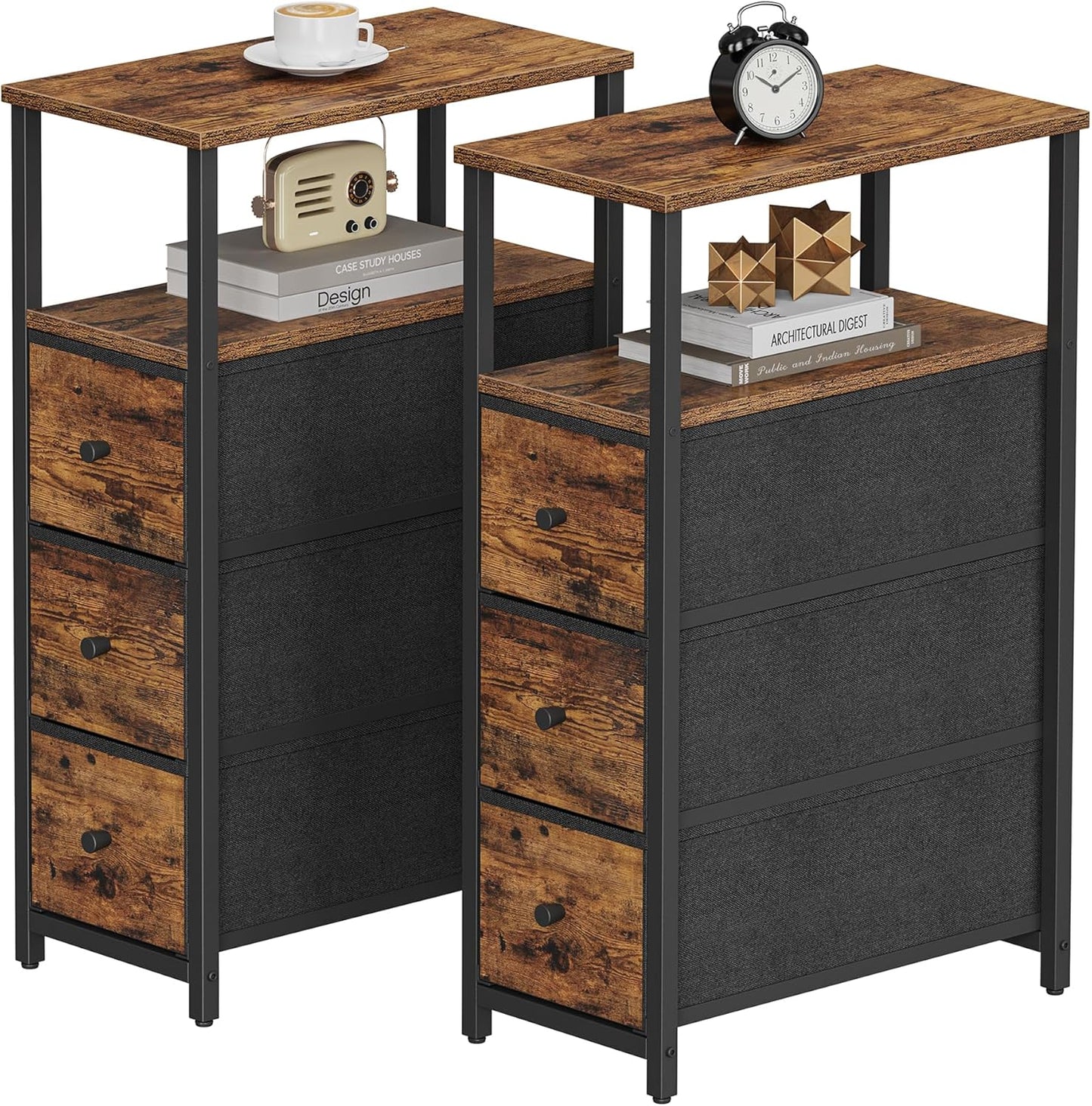 TUTOTAK Narrow Night Stand, Slim End Table, Tall Side Table with 3 Fabric Drawer, Small Bedside