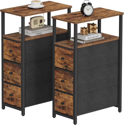 TUTOTAK Narrow Night Stand, Slim End Table, Tall Side Table with 3 Fabric Drawer, Small Bedside