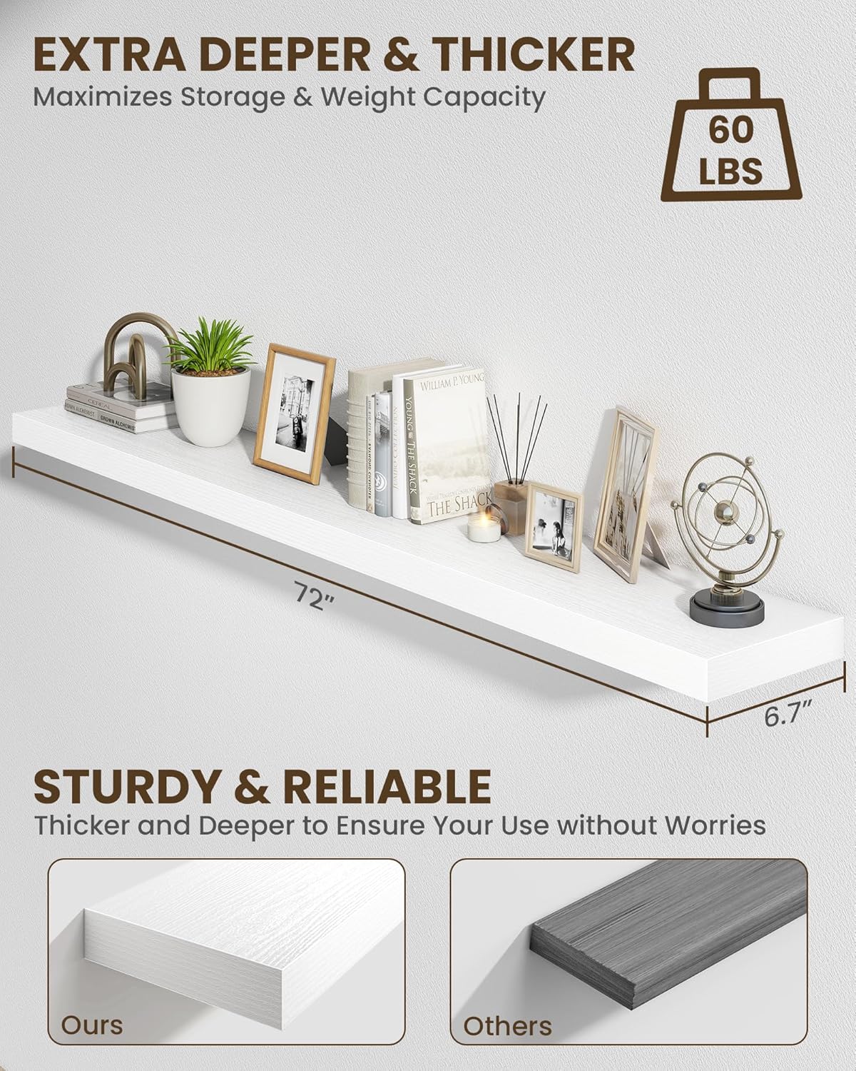 Marsmiles 72" Floating Shelves for Wall, Wooden Shelves with Invisible Brackets Set of 2, Rustic