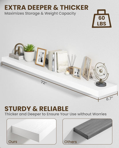 Marsmiles 72" Floating Shelves for Wall, Wooden Shelves with Invisible Brackets Set of 2, Rustic