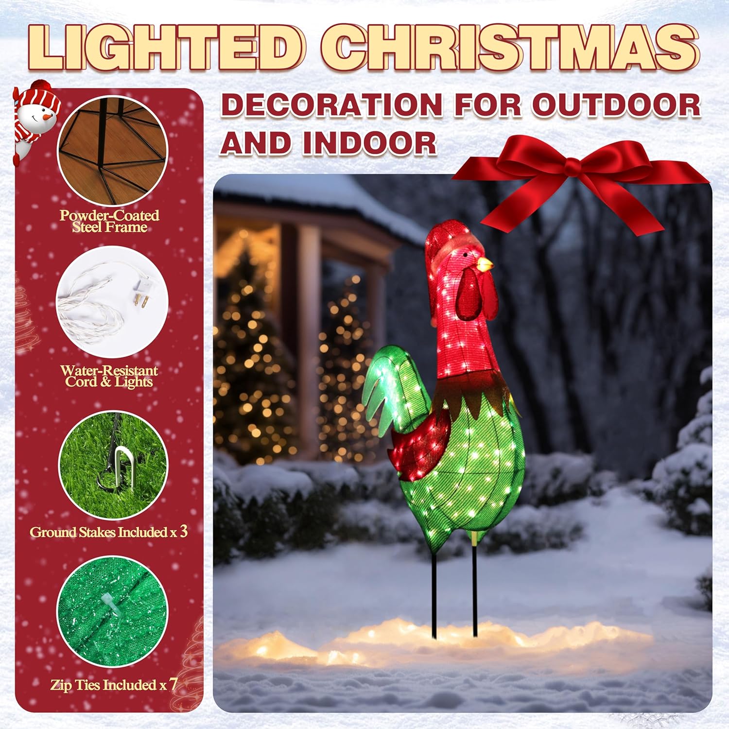 6FT Lighted Rooster with Christmas Hat for Outdoor Christmas Decorations, 3D Pre-Lit Iridescent