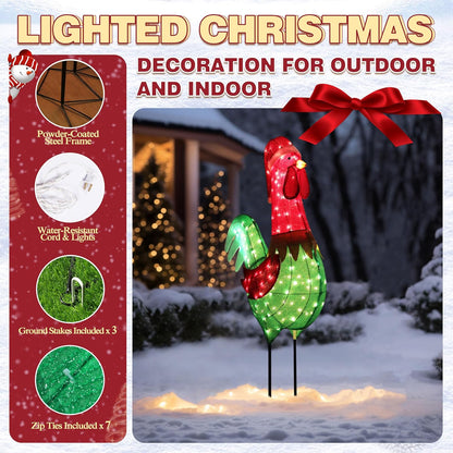 6FT Lighted Rooster with Christmas Hat for Outdoor Christmas Decorations, 3D Pre-Lit Iridescent