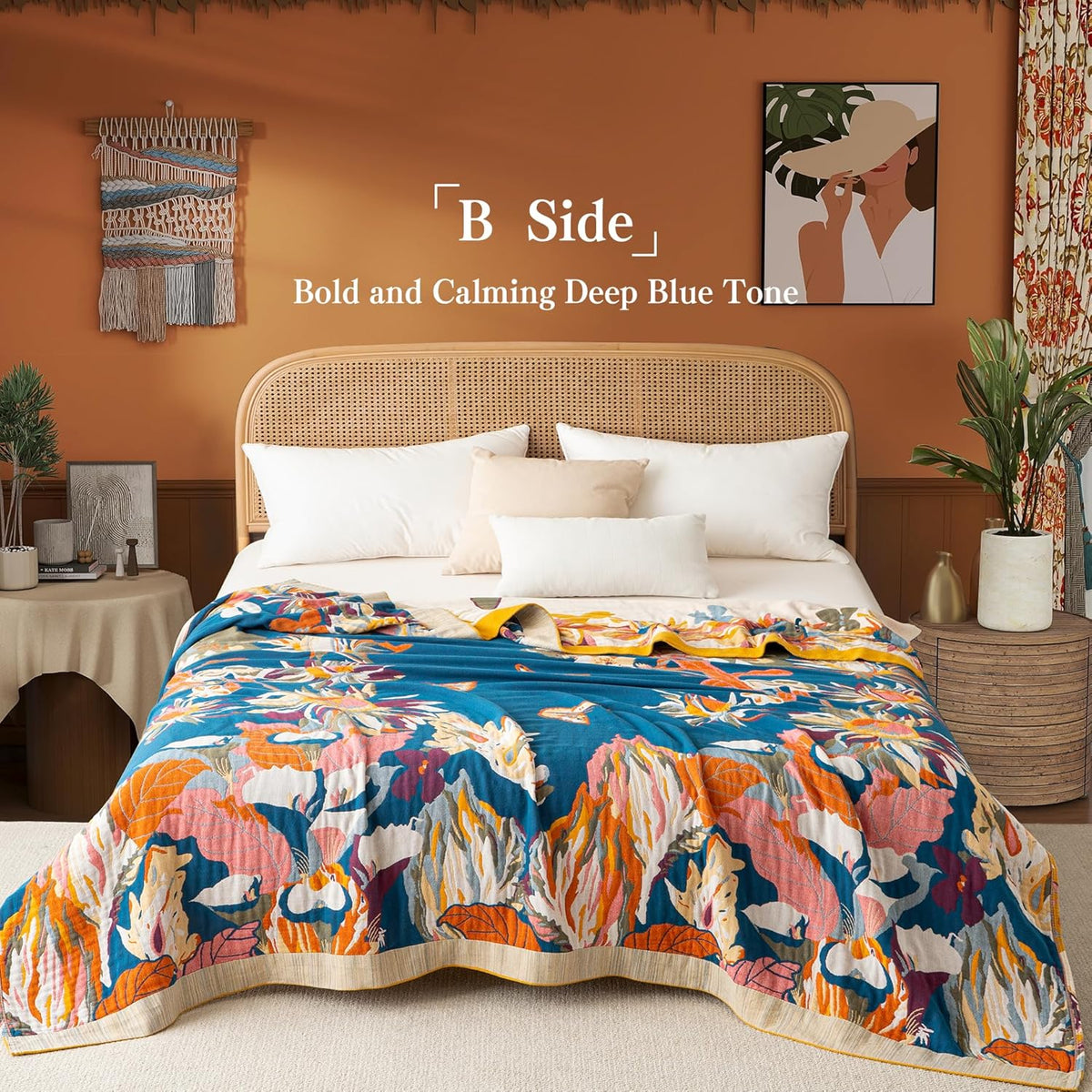 Boho Throw Blanket Queen Size, Oversized Soft Cozy Cotton Muslin Quilt Blanket for Bed Decor