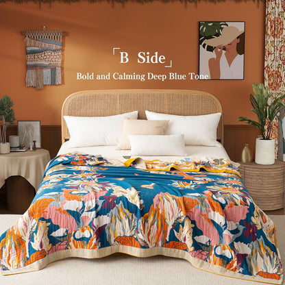 Boho Throw Blanket Queen Size, Oversized Soft Cozy Cotton Muslin Quilt Blanket for Bed Decor