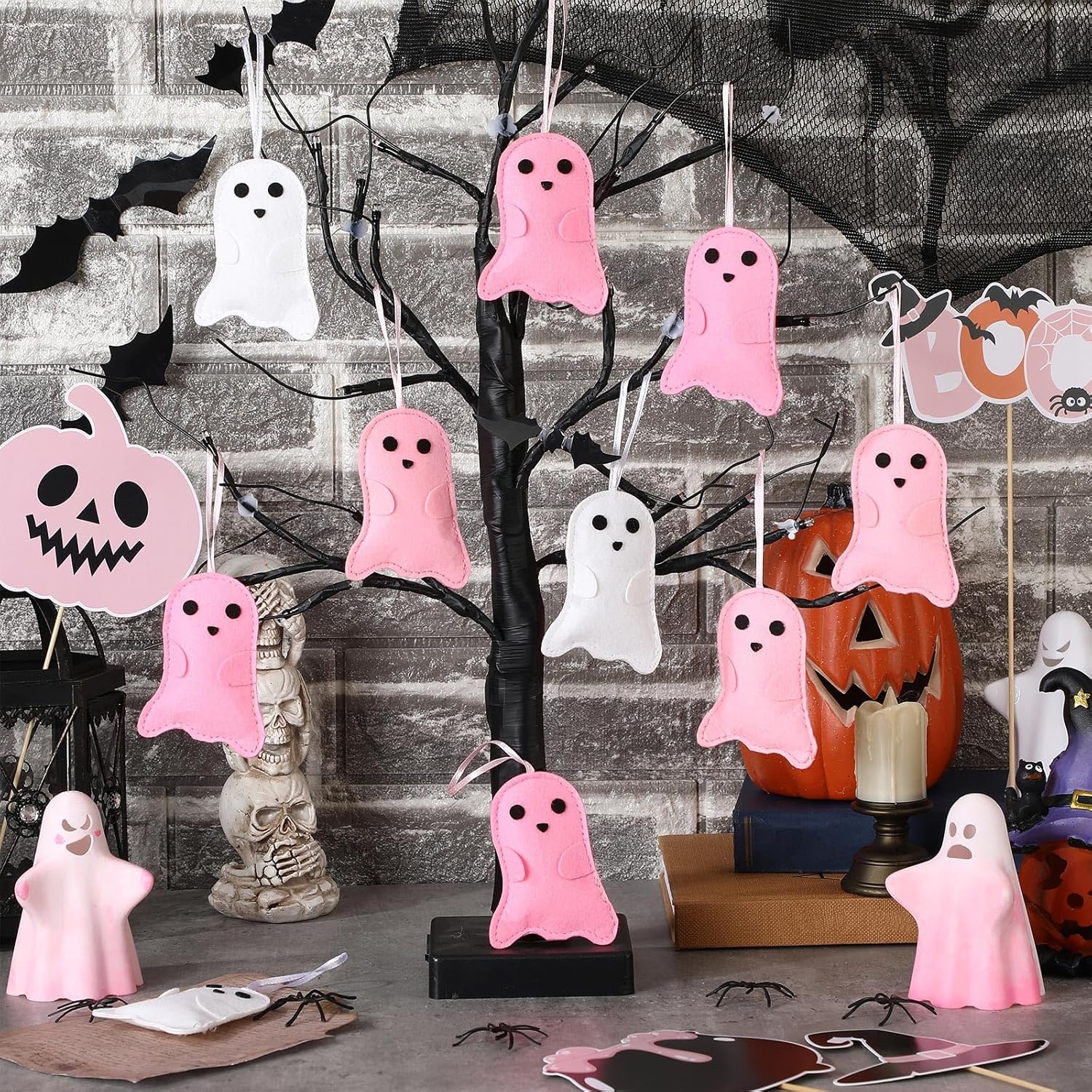 12 Pcs Pink Halloween Felt Ornaments Cute Ghost 3D Hanging Ornaments 3.15 Inch Pink White Halloween