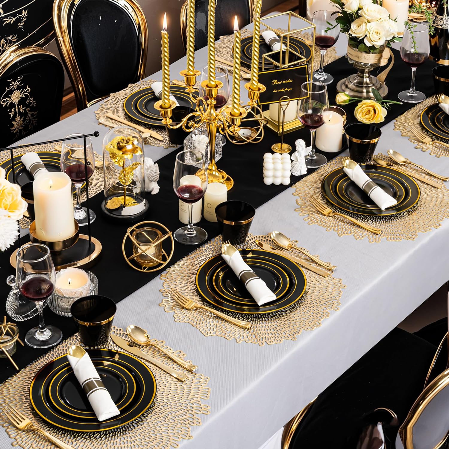 350 Pieces Black and Gold Plastic Plates with Disposable Silverware, Include 50 Dinner Plates 9”