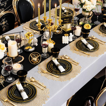 350 Pieces Black and Gold Plastic Plates with Disposable Silverware, Include 50 Dinner Plates 9”