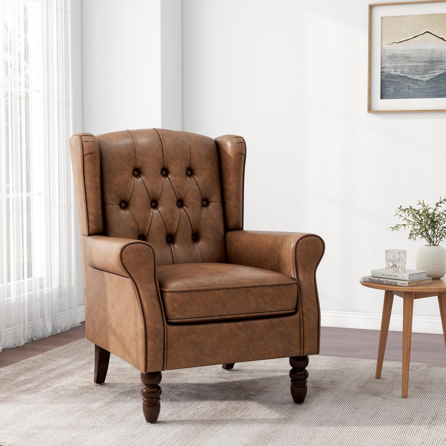 Accent Chair, Upholstered Armchair with Button Tufted High Back & Solid Wood Legs, Comfy Wingback