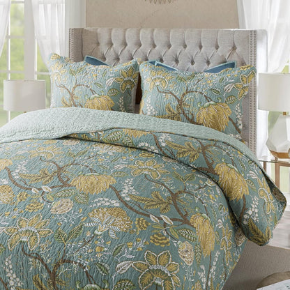 NEWLAKE Cotton Bedspread Quilt Sets-Reversible Patchwork Coverlet Set, Green Floral Pattern, King