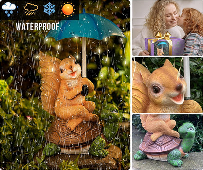 Malister Solar Garden Statue Outdoor Decor - Squirrel Siting on Turtle Statue with String Lights