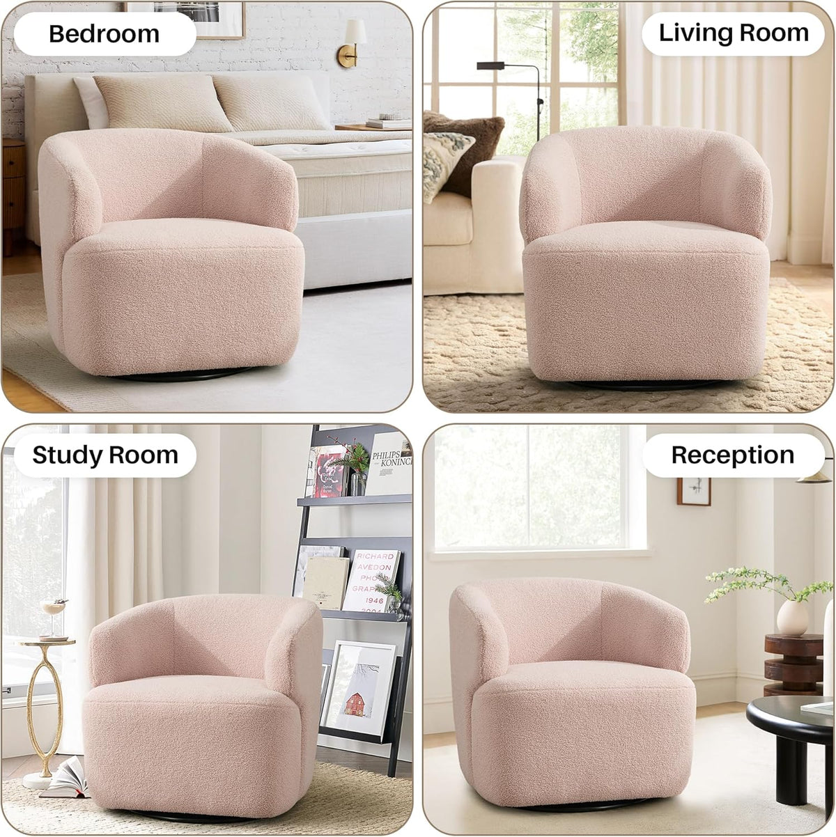 Swivel Accent Chair, Sherpa Teddy Barrel Chair for Living Room, Cozy Round Boucle Arm Chair, Metal