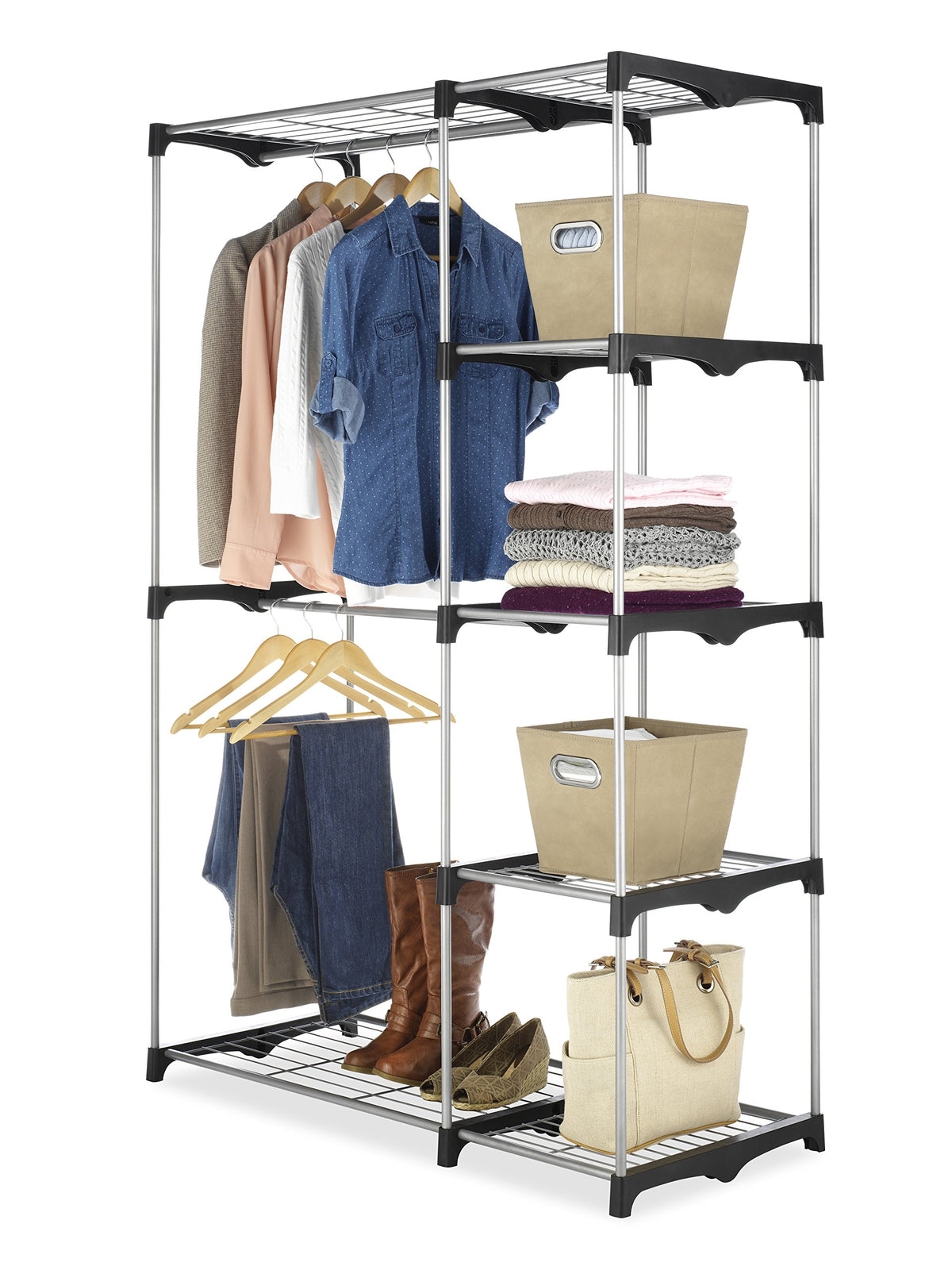 Whitmor Double Rod Freestanding Closet Organizer, Silver