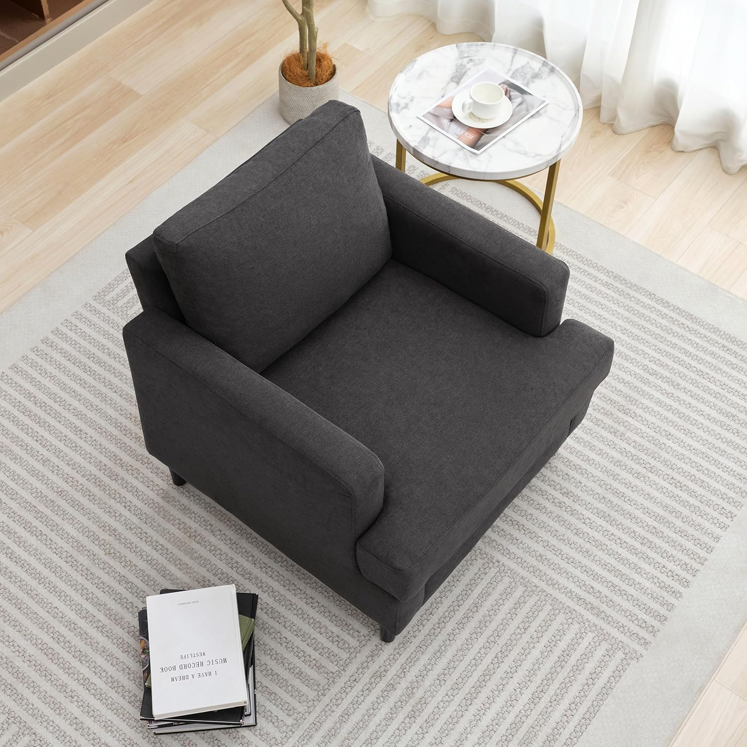 Mid-Century Accent Chair,Modern Linen Fabric Armchair for Living Room,Comfy Upholstered Reading