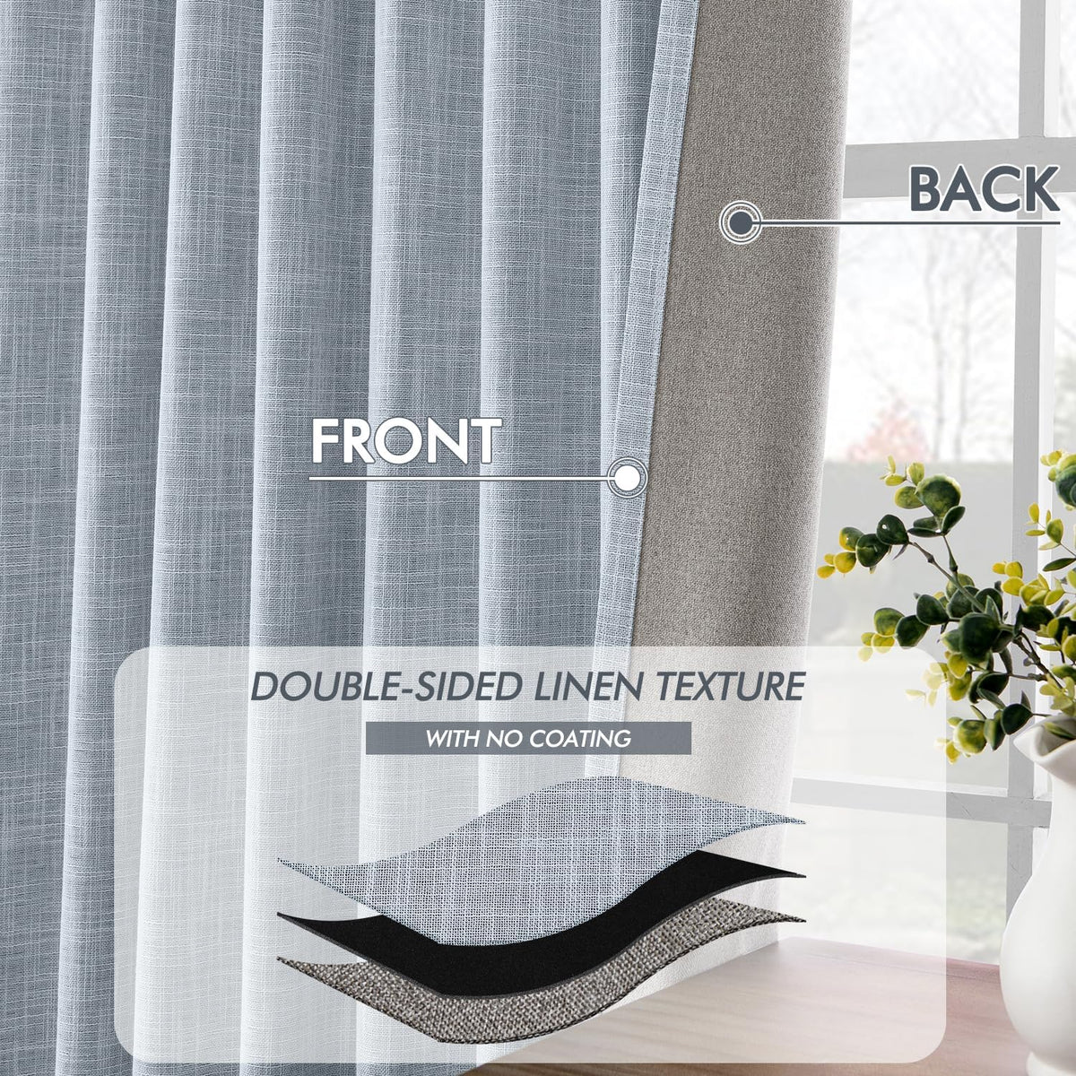 MIULEE Light Blue 100% Blackout Linen Curtains 108 Inch 2 Panels Set Double Sided No Coating