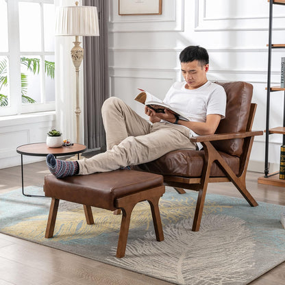 chairus Mid-Century Modern Accent Chair with Ottoman, Faux Leather Armchair with Wood Legs Comfy